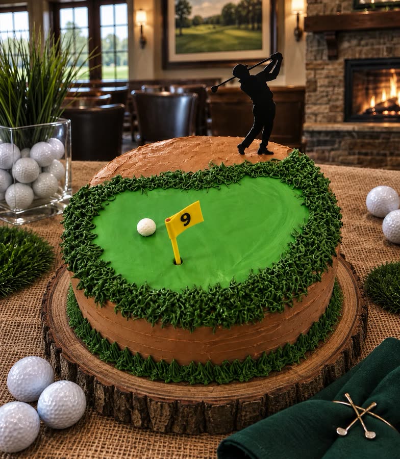 Golf course cake with a putting green, flag, and golfer topper